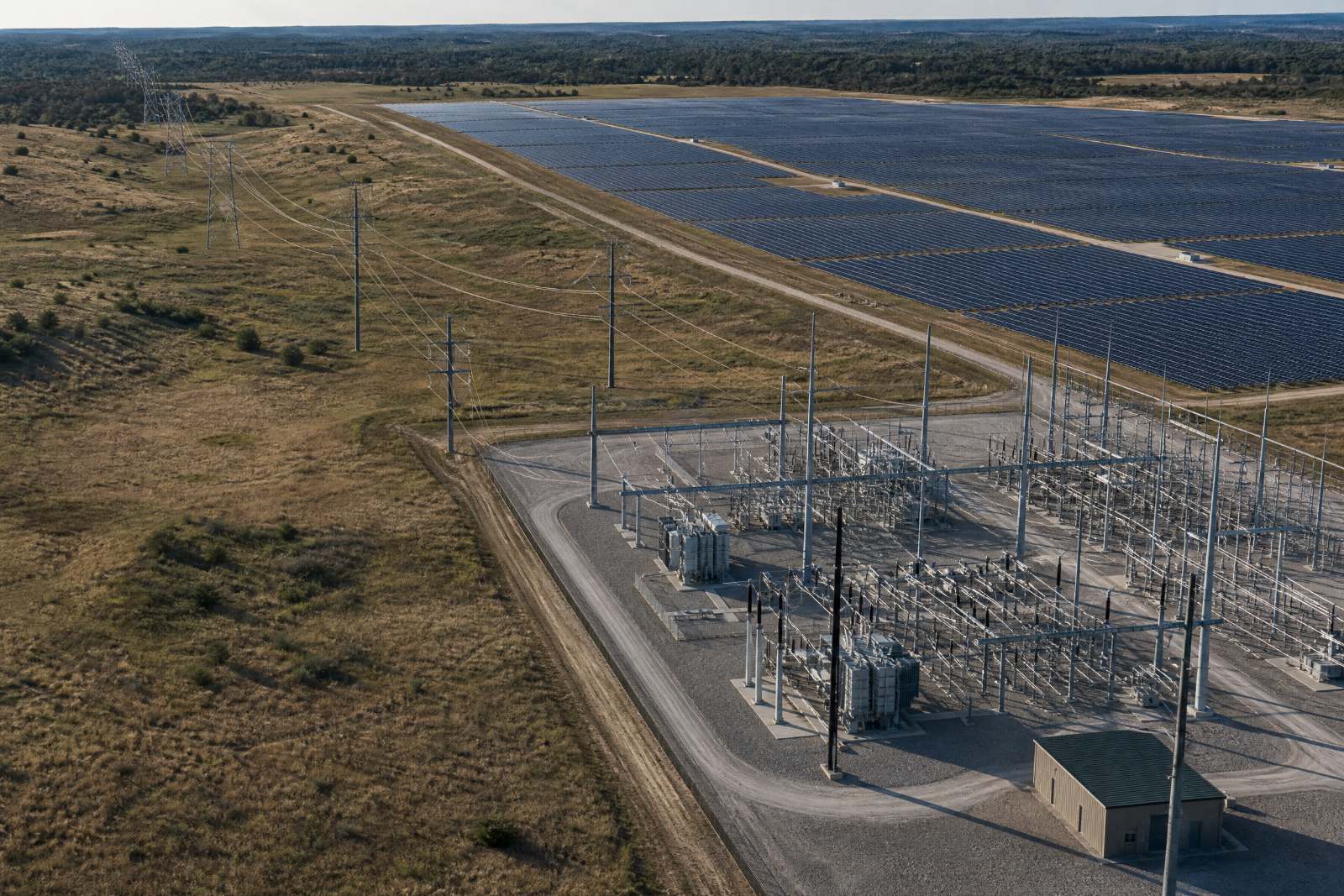 Substation and solar field viewed from above