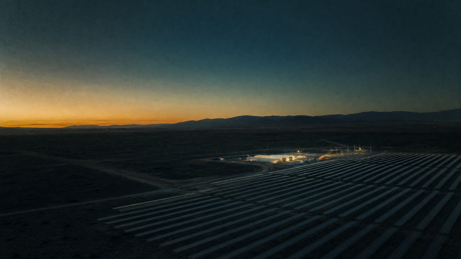 Solar array and substation at dusk
