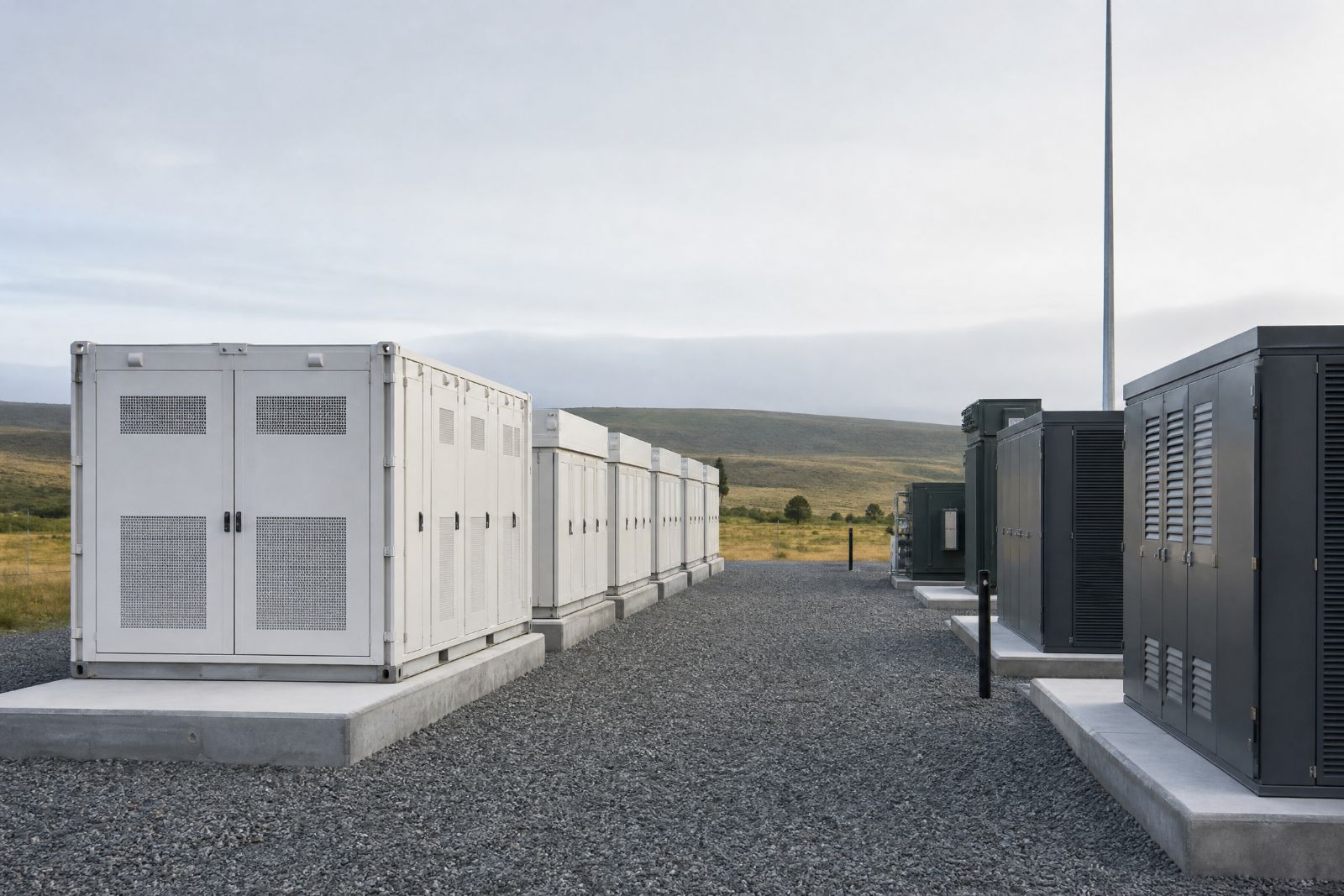 Utility-scale battery storage containers on a prepared site